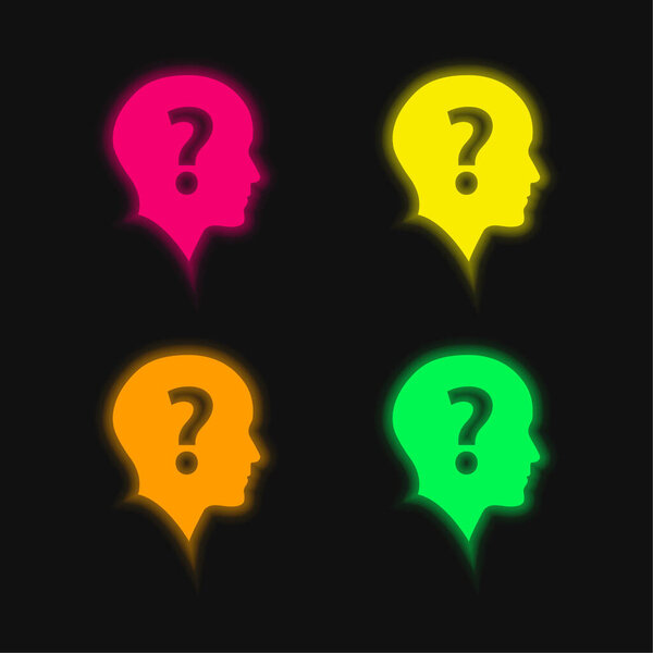 Bald Head With Question Mark four color glowing neon vector icon