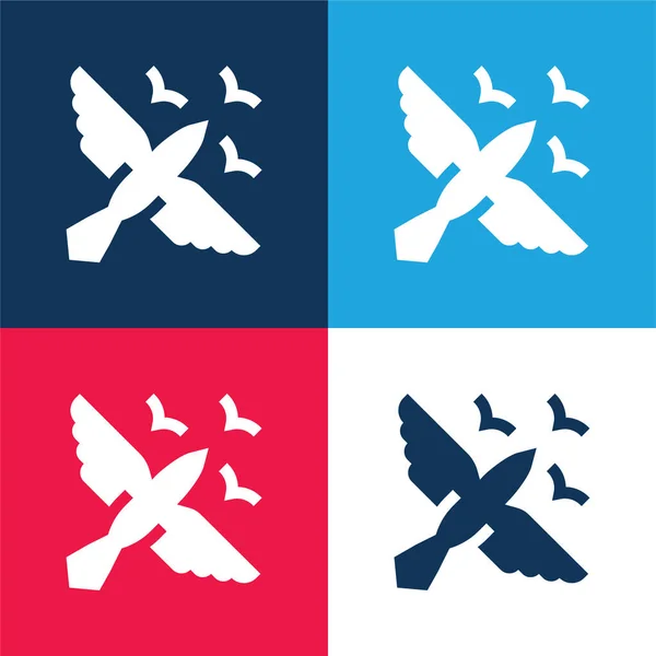 Vögel Blau Und Rot Vier Farben Minimales Symbol Set — Stockvektor