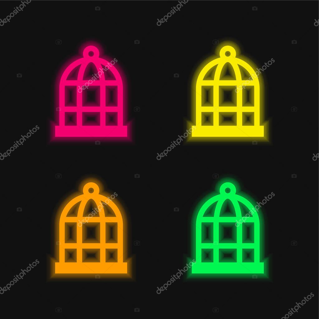 Bird Cage four color glowing neon vector icon