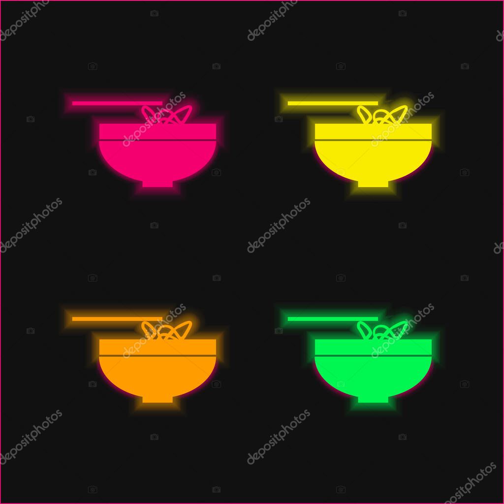 Bowl With Chinese Noodles four color glowing neon vector icon