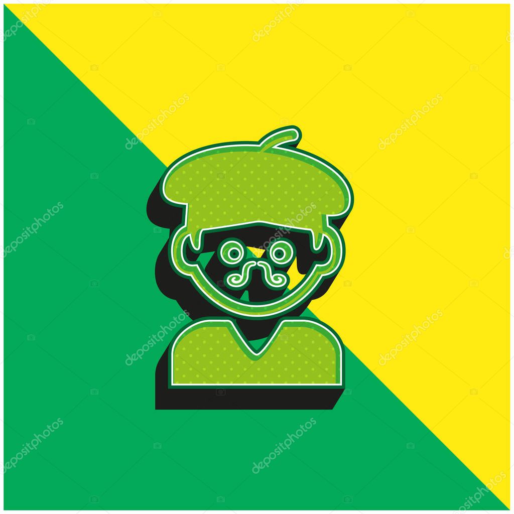 Bohemian Artist Man With Hat And Moustache Green and yellow modern 3d vector icon logo