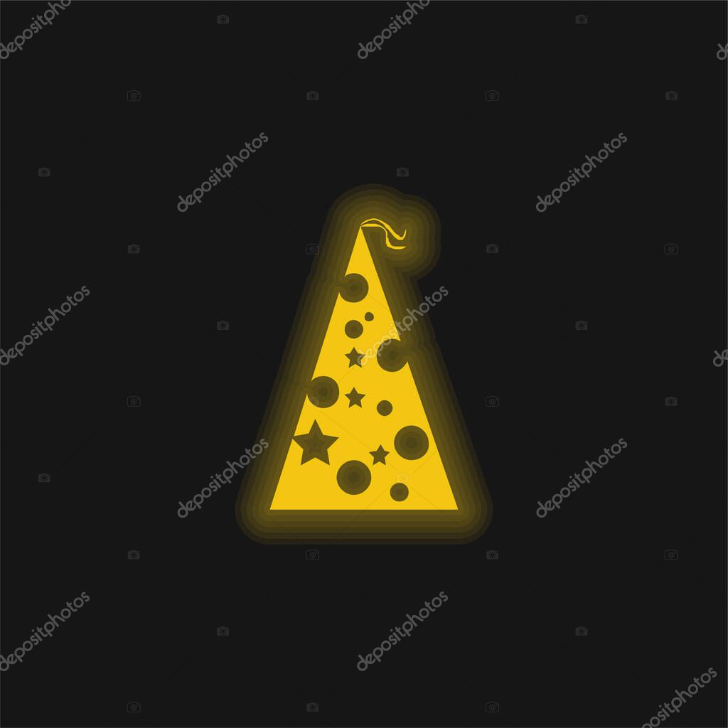 Birthday Hat With Dots And Stars yellow glowing neon icon