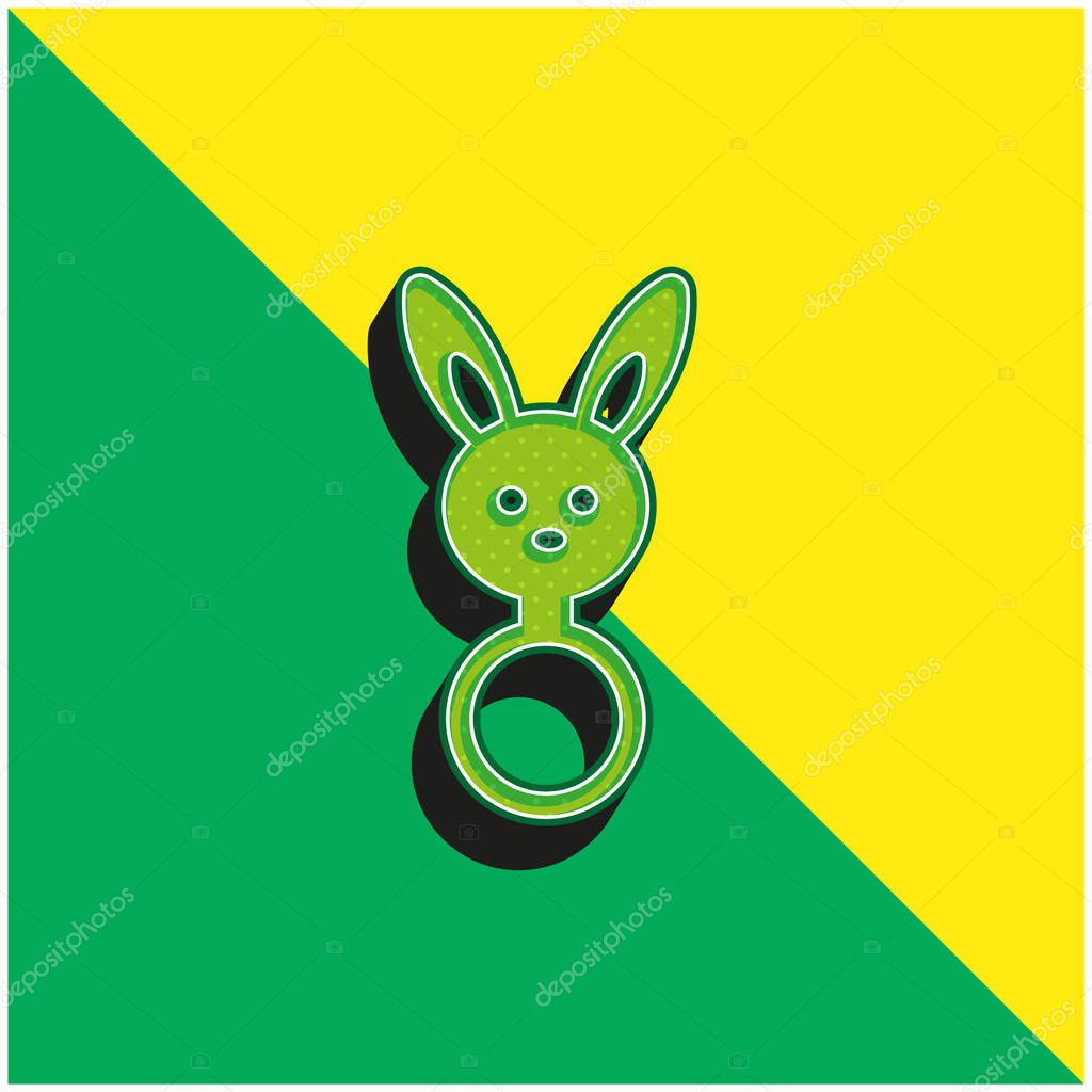 Baby Rattle With Bunny Head Shape Green and yellow modern 3d vector icon logo