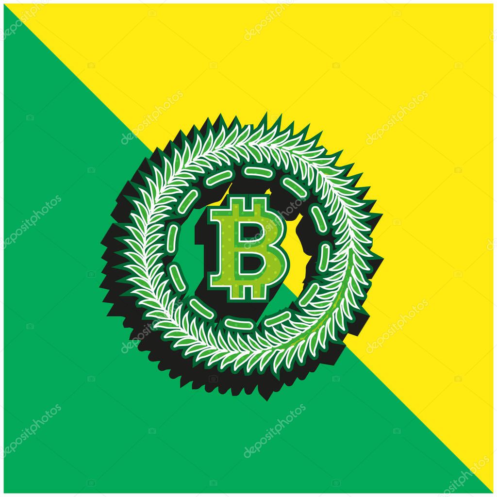 Bitcoin Surrounded By A Circle Of Olive Leaves Green and yellow modern 3d vector icon logo