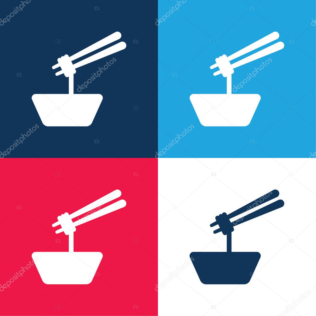 Bowl Of Ramen With Chopsticks blue and red four color minimal icon set