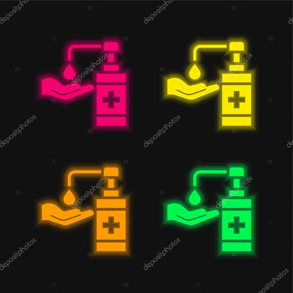 Antibacterial Gel four color glowing neon vector icon