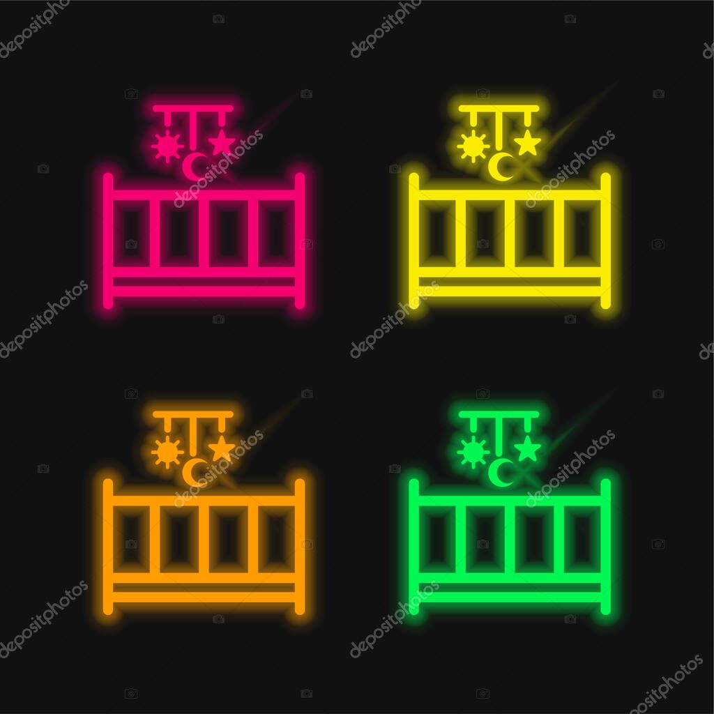 Baby Bed With A Mobile Toy With Hanging Shapes Of Sun Moon And Star four color glowing neon vector icon