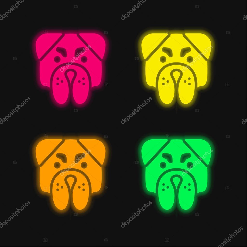 Angry Bulldog Face four color glowing neon vector icon
