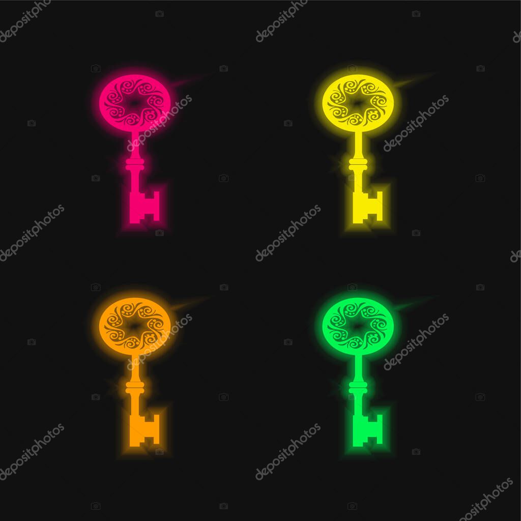 Antique Key Shape With Star Hole In The Middle Of Spirals In An Oval four color glowing neon vector icon