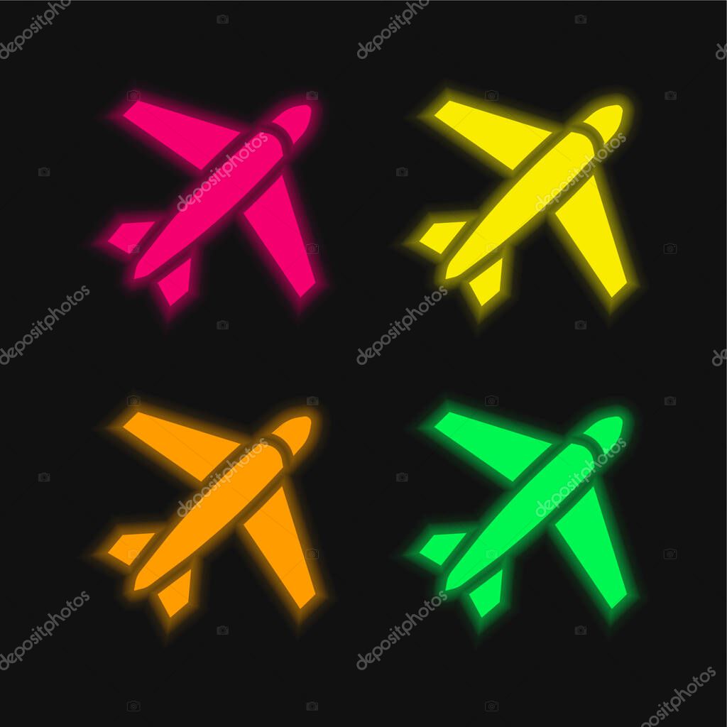 Airplane four color glowing neon vector icon