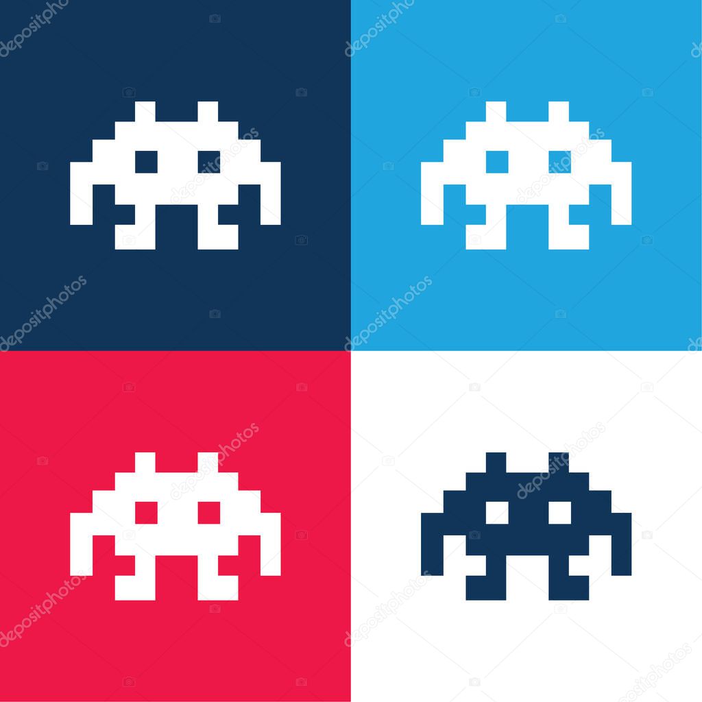 Alien Space Character Of Pixels For A Game blue and red four color minimal icon set