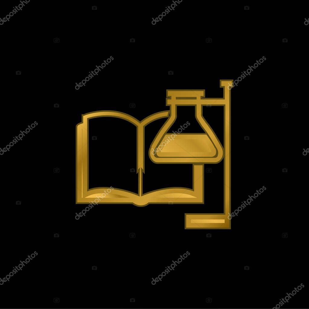 Book And Test Tube With Supporter gold plated metalic icon or logo vector