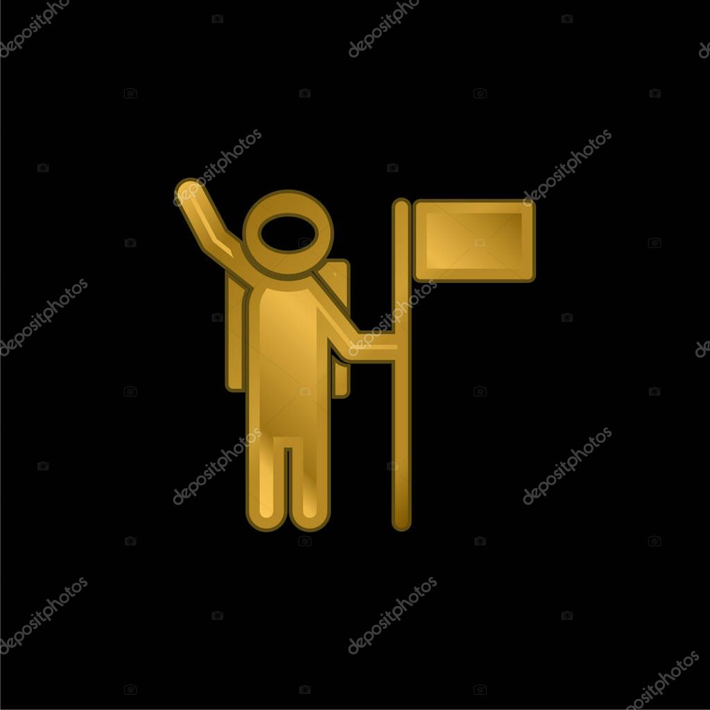 Astronaut With A Flag gold plated metalic icon or logo vector