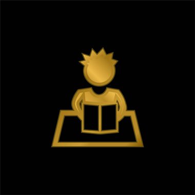 Altın kaplama metalik simge ya da logo vektörü okuyan çocuk