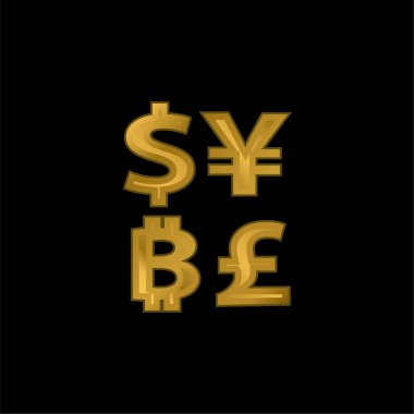 Dolar Yen ve Pound İşaretli Bitcoin Para Birimi Sembolü Altın kaplama metalik simge veya logo vektörü