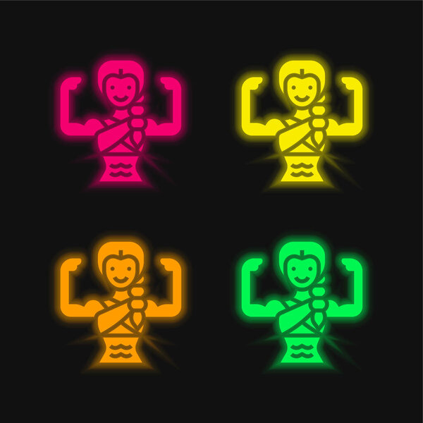 Bodybuilding four color glowing neon vector icon