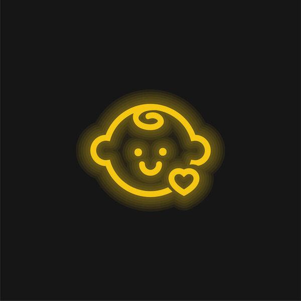 Baby Head With A Small Heart Outline yellow glowing neon icon