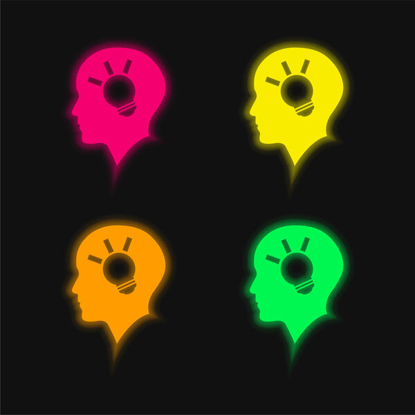 Bald Head Side View With A Lightbulb Inside four color glowing neon vector icon
