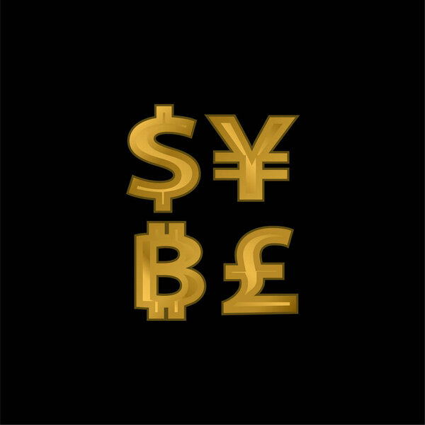 Символ биткойна с долларовыми йенами и фунтами Знаки с позолоченной металлической иконкой или вектором логотипа