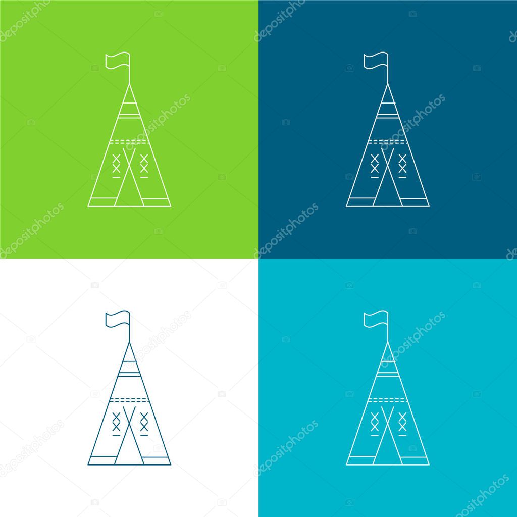 African Tribal Tent With Flag Flat four color minimal icon set