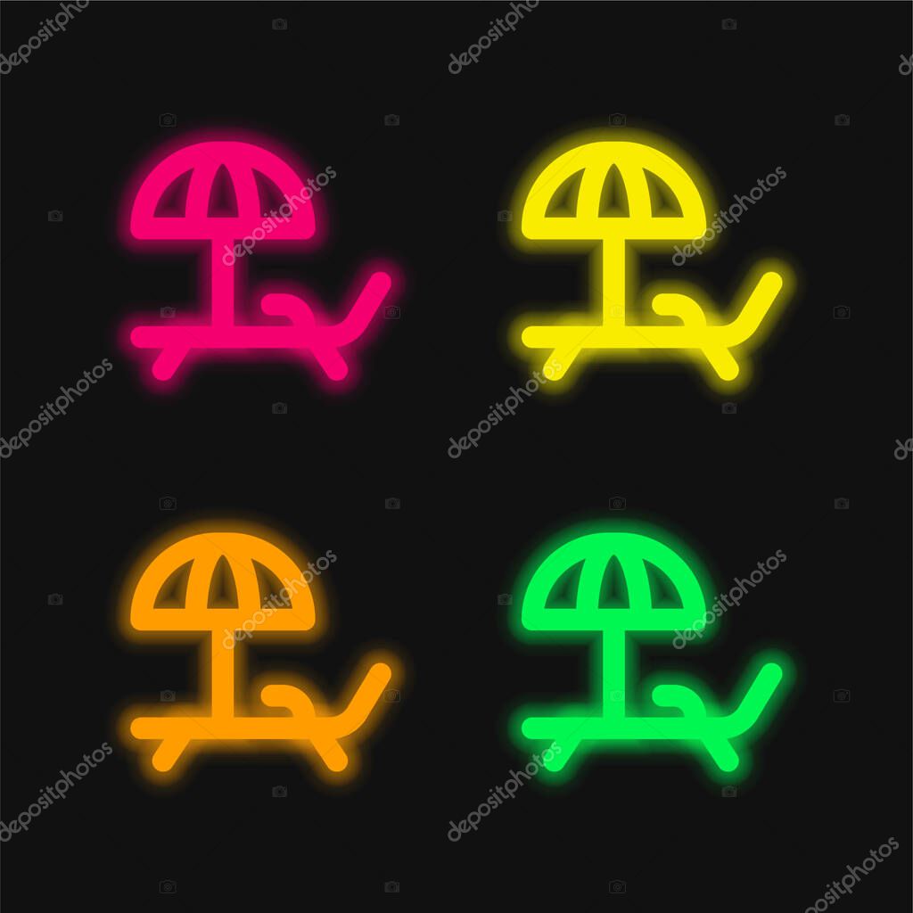 Beach Chair four color glowing neon vector icon