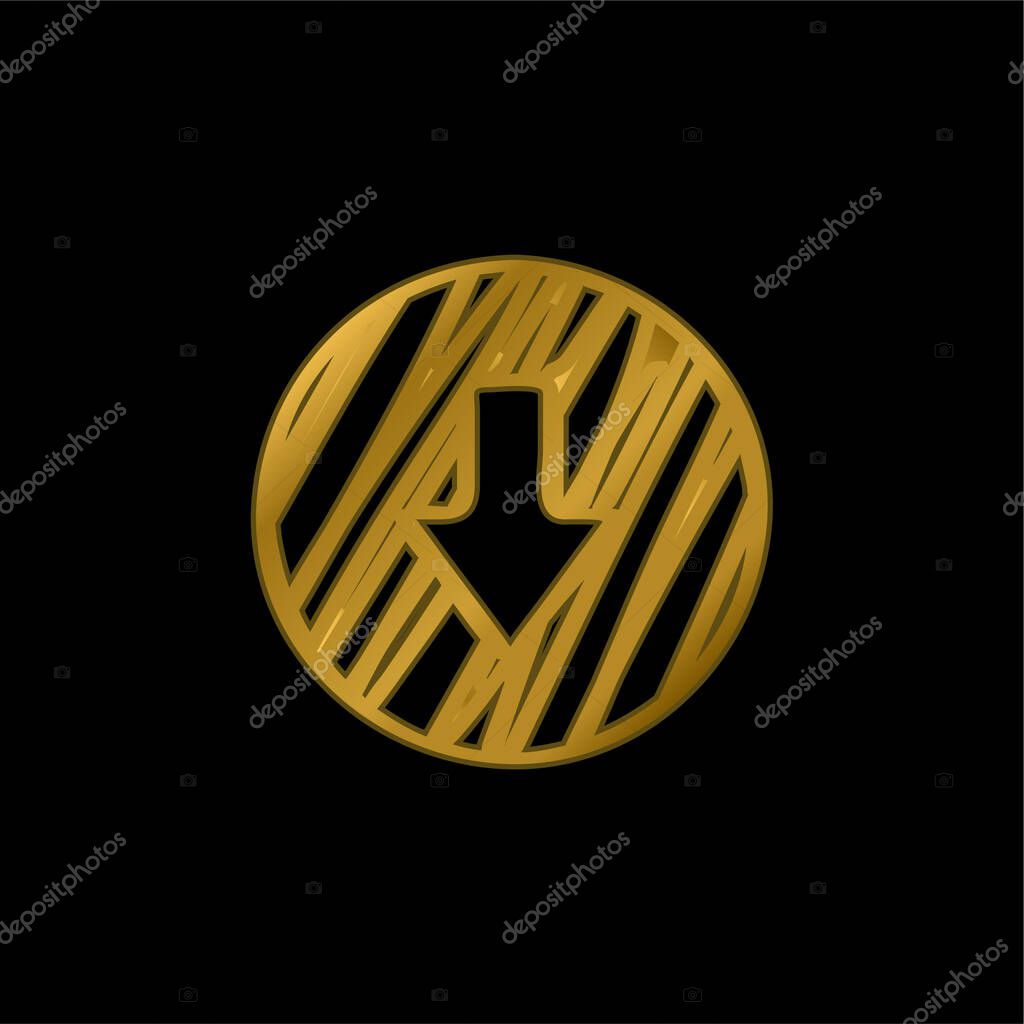 Arrow Down Outline Sketched Circle gold plated metalic icon or logo vector