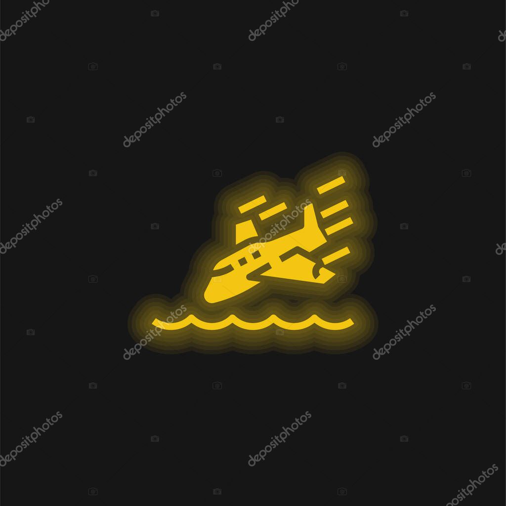 Airplane yellow glowing neon icon
