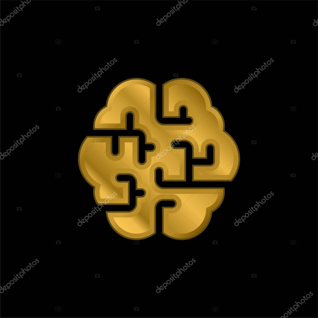 Brain gold plated metalic icon or logo vector