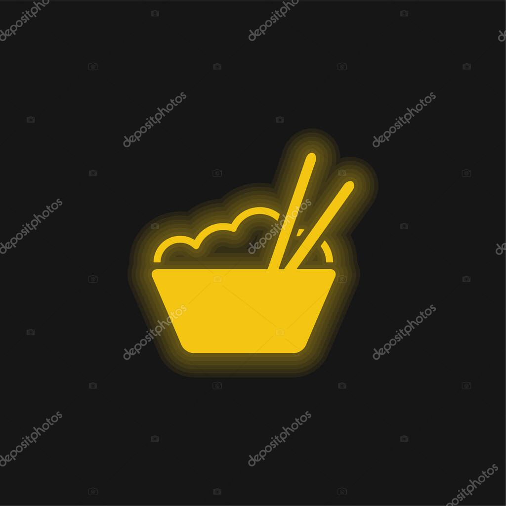 Bowl With Rice And Chopsticks yellow glowing neon icon