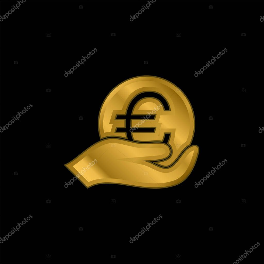Big Euro Coin On Hand gold plated metalic icon or logo vector