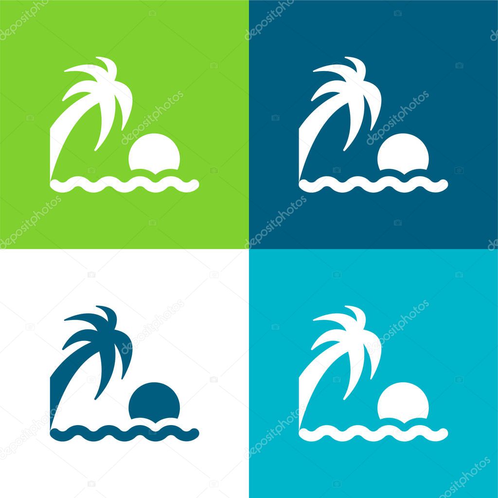 Beach Sunset Flat four color minimal icon set