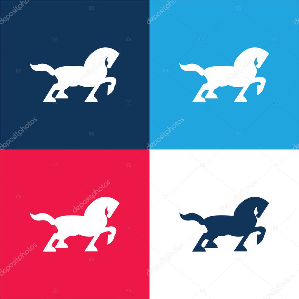 Big Black Horse Walking Side Silhouette With Tail And One Foot Up blue and red four color minimal icon set