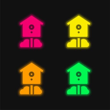 Kuş evi dört renkli parlayan neon vektör simgesi