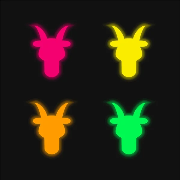 Ram Bull Head Front Shape Symbool Vier Kleuren Gloeiende Neon — Stockvector