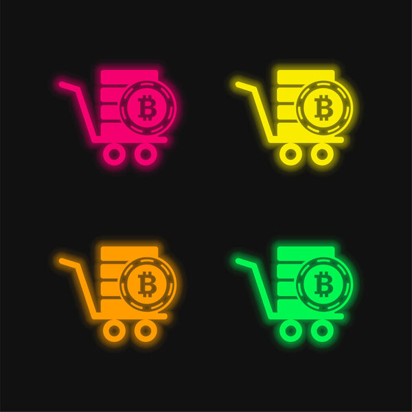 Bitcoin In A Pushcart four color glowing neon vector icon