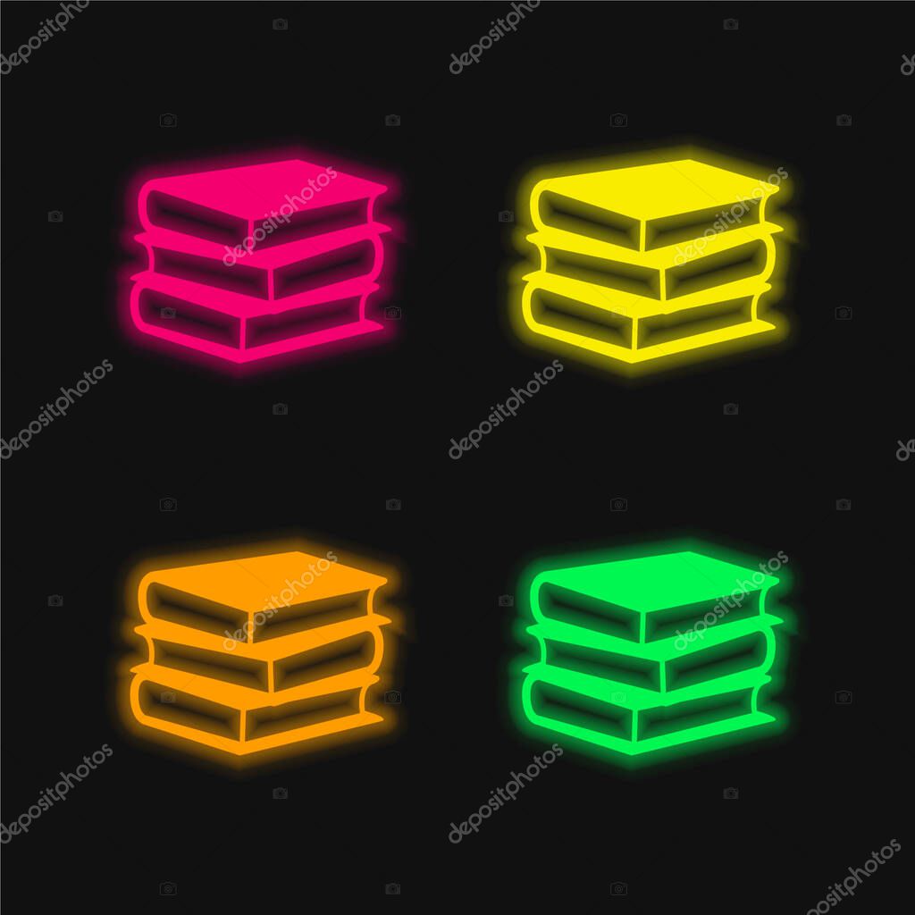Books Stack Of Three four color glowing neon vector icon