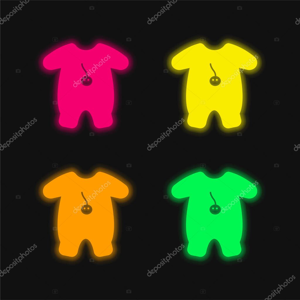 Baby Outfit With Cartoon Design four color glowing neon vector icon