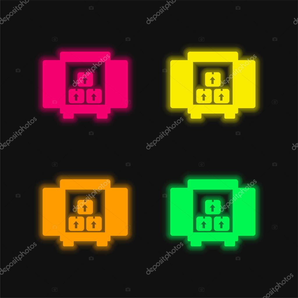 Boxes Storage For Delivery Inside A Truck Box From Back View four color glowing neon vector icon