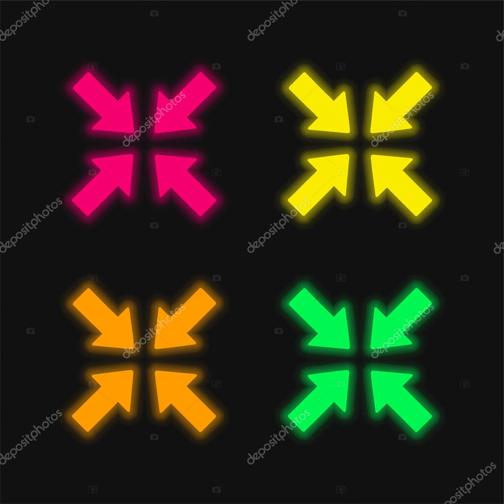 Arrows Pointing To Center four color glowing neon vector icon