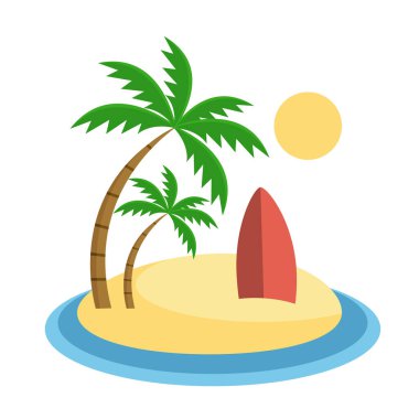 Kum düzlüklerinde sörf tahtası olan tropik bir ada. Yaz tatili ikonu. Plaj manzarası. Deniz manzaralı. Spor kulübü logosu sörfü.
