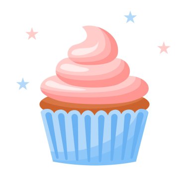 Pastel renklerde pembe kremalı kek. Fırın logosu. Kafe menüsü. Tatlı pişiriyorum. Beyaz arka planda tek bir nesne var. Yazdırılabilir tasarım.