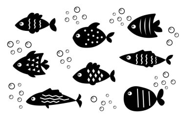 Siyah ve beyaz vektör balığı seti. Siluet. Beyaz arka planda izole edilmiş. Grafik tasarım elementleri. Su altı baskısı. 