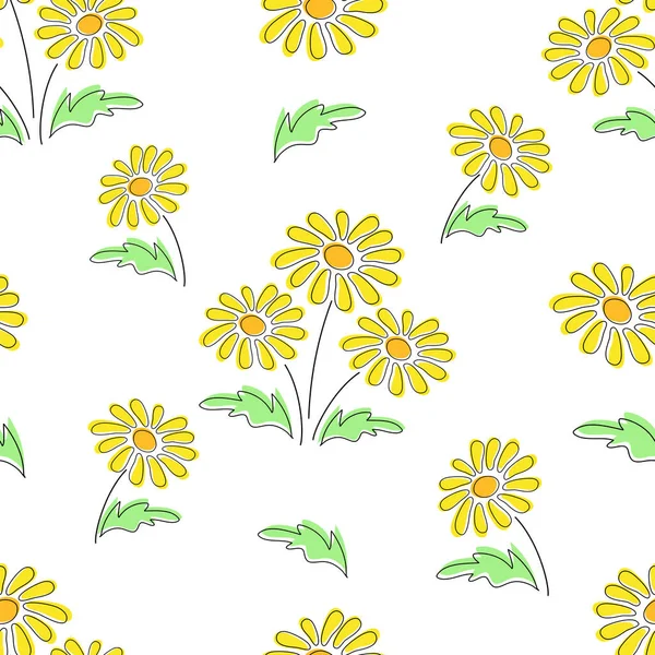 Padrão floral sem costura com flores de dente de leão amarelo telha textura vetorial. Fundo botânico de repetição. Ícone de jardim de verão. Design de impressão de primavera. Contexto. Papel de parede. Papel de embrulho de presente — Vetor de Stock