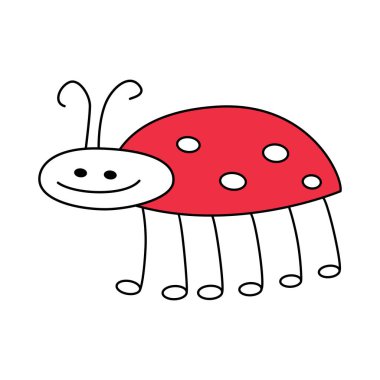 Uğur böceği renkli karalama vektörü beyaz arkaplanda izole edildi. Sevimli, mutlu, güler yüzlü, yaz böceği. Uğur böceği. Doğa bahar ikonu. Komik karakter çizimi. Basit logo. Bayan kuş simgesi.