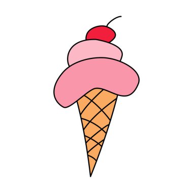 Dondurma külahında ve beyaz arka planda izole edilmiş kirazlı karalama vektörü çizimi. Tatlı ikonu. Kafe logosu. Süt ürünleri konsepti