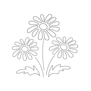 Bahar karahindiba buketi vektör çizimi. Botanik dekorasyonu. Yaz bahçesi ikonu. Beyaz arkaplandaki izole nesneler. Siyah beyaz çizgi sanatı. Daisy çiçek boyama kitabı sayfası.
