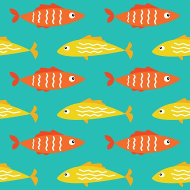 Renkli sarı ve turuncu çizgi film düz tropikal deniz balığı desenli kusursuz arka plan dokusu. Deniz altı yaz modu tekstil baskısı. Hediye paketi kağıdı. Arkaplan. Vektör taşı tekrarlanıyor