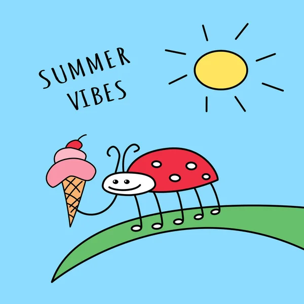 Biedronka z lodami na liściu z świecącym słońcem na błękitnym niebie lato wibracje śmieszne kreskówki kolorowe cute doodle wektor pocztówka ilustracja — Wektor stockowy