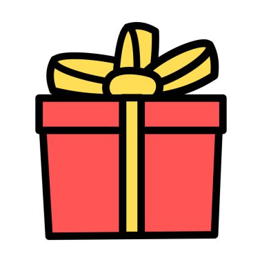 Sarı kurdeleli kırmızı hediye kutusu. Beyaz arka planda karalama vektörü izole edilmiş nesne. Doğum günü ya da Noel bayramı hediyesi. Kutlama. Tebrik kartı tasarım elemanı. Hediyelik eşya dükkanı simgesi