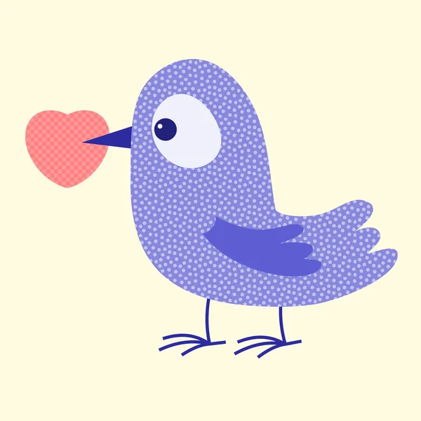 Sød tegneserie fugl med et hjerte. Romantisk lykønskningskort. Valentinsdag illustration - Stock-foto
